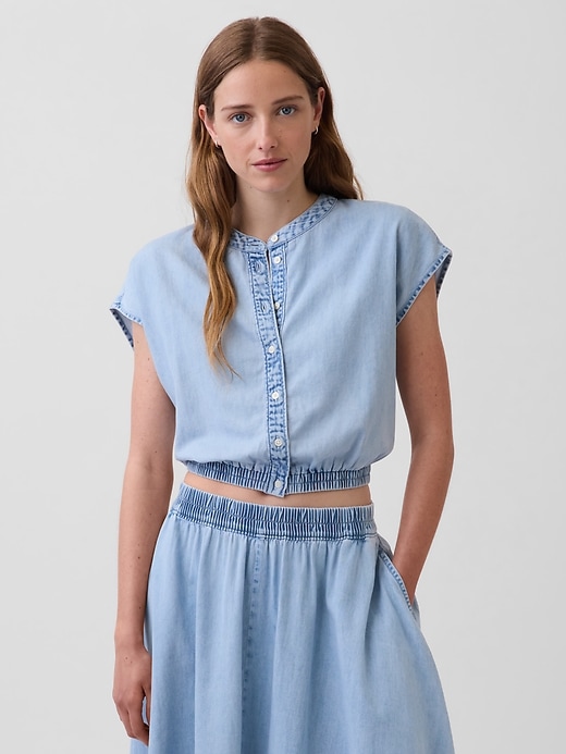 Image number 1 showing, Denim Cap-Sleeve Crop Button-Front Top