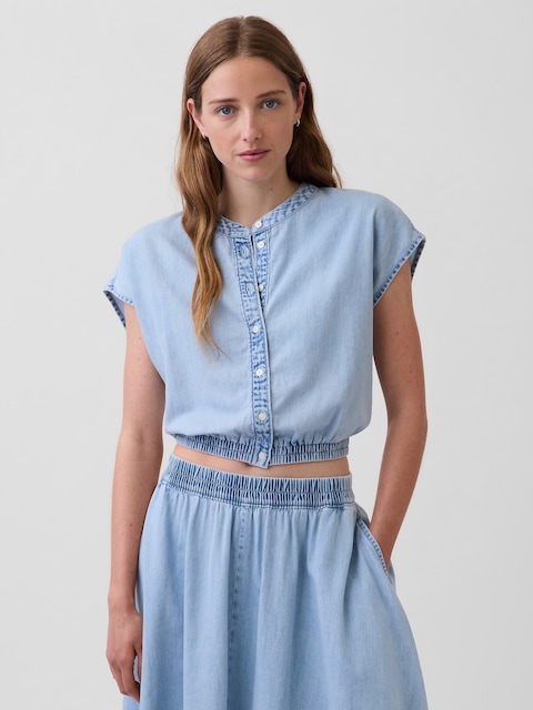Denim Cap-Sleeve Crop Button-Front Top