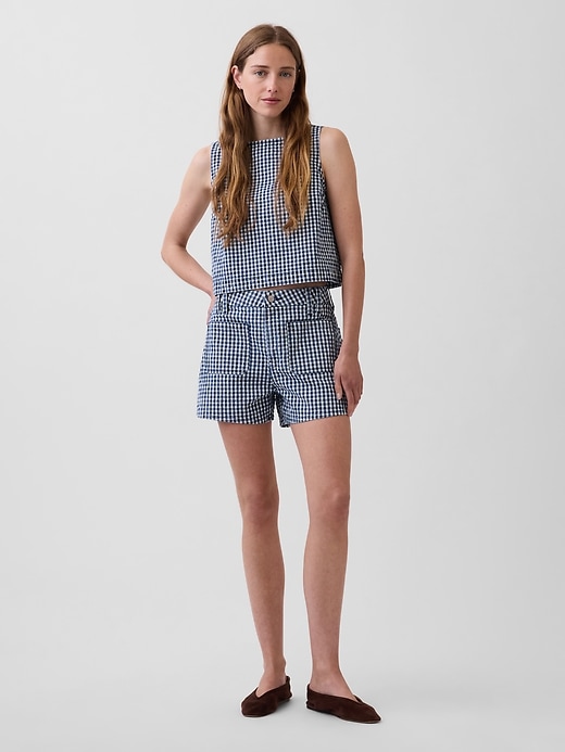 Image number 1 showing, 3.5" High Rise Gingham Relaxed Straight Denim Shorts