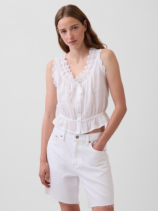 Image number 1 showing, Eyelet Tie-Front Crop Peplum Top