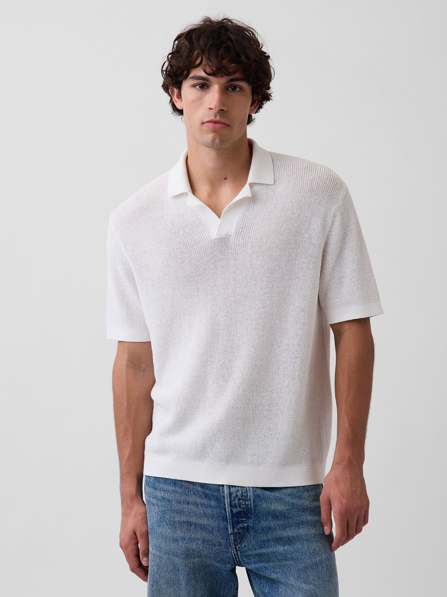 Linen-Blend Camp Polo Shirt Sweater