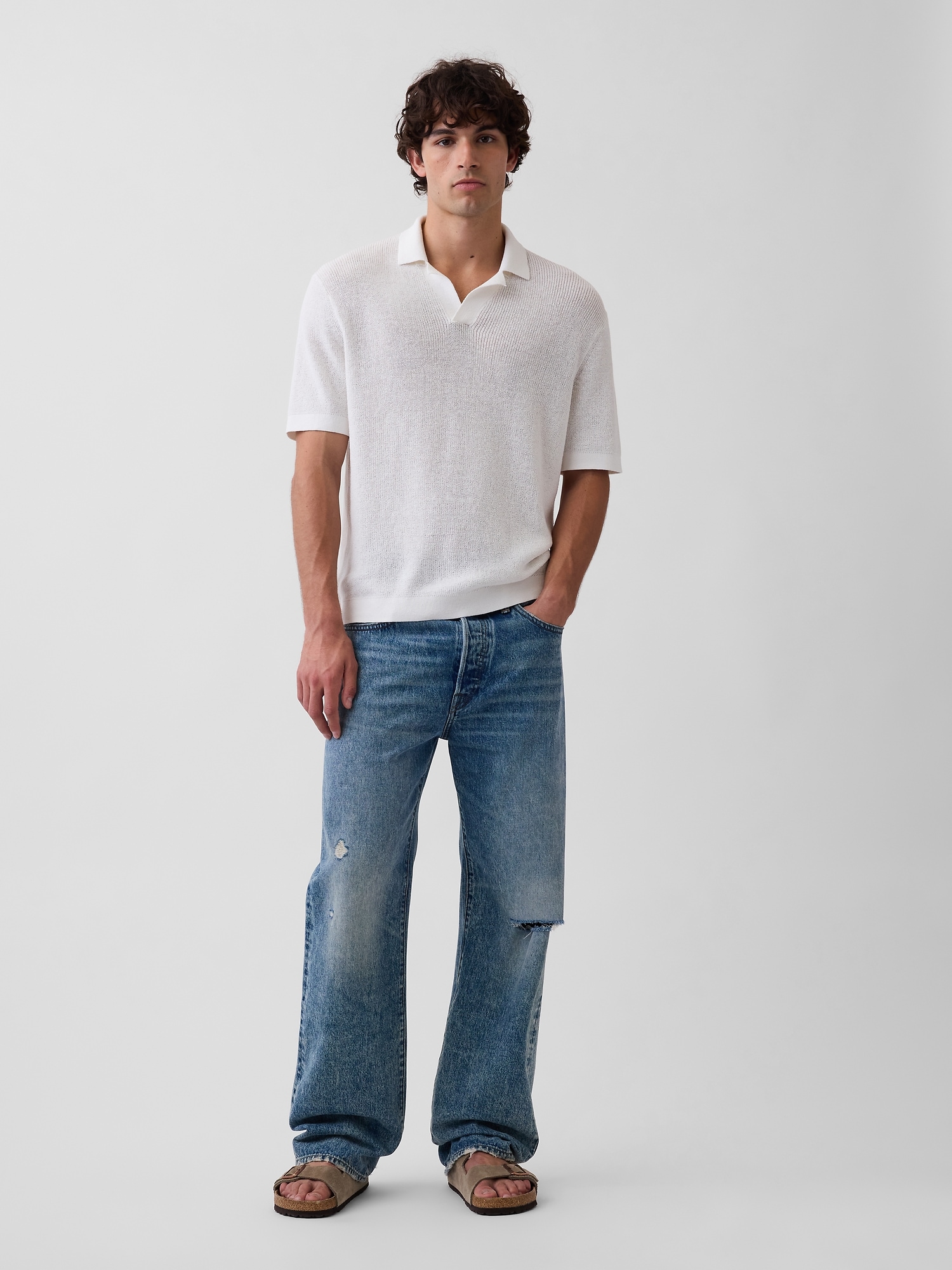 Linen-Blend Camp Polo Shirt Sweater