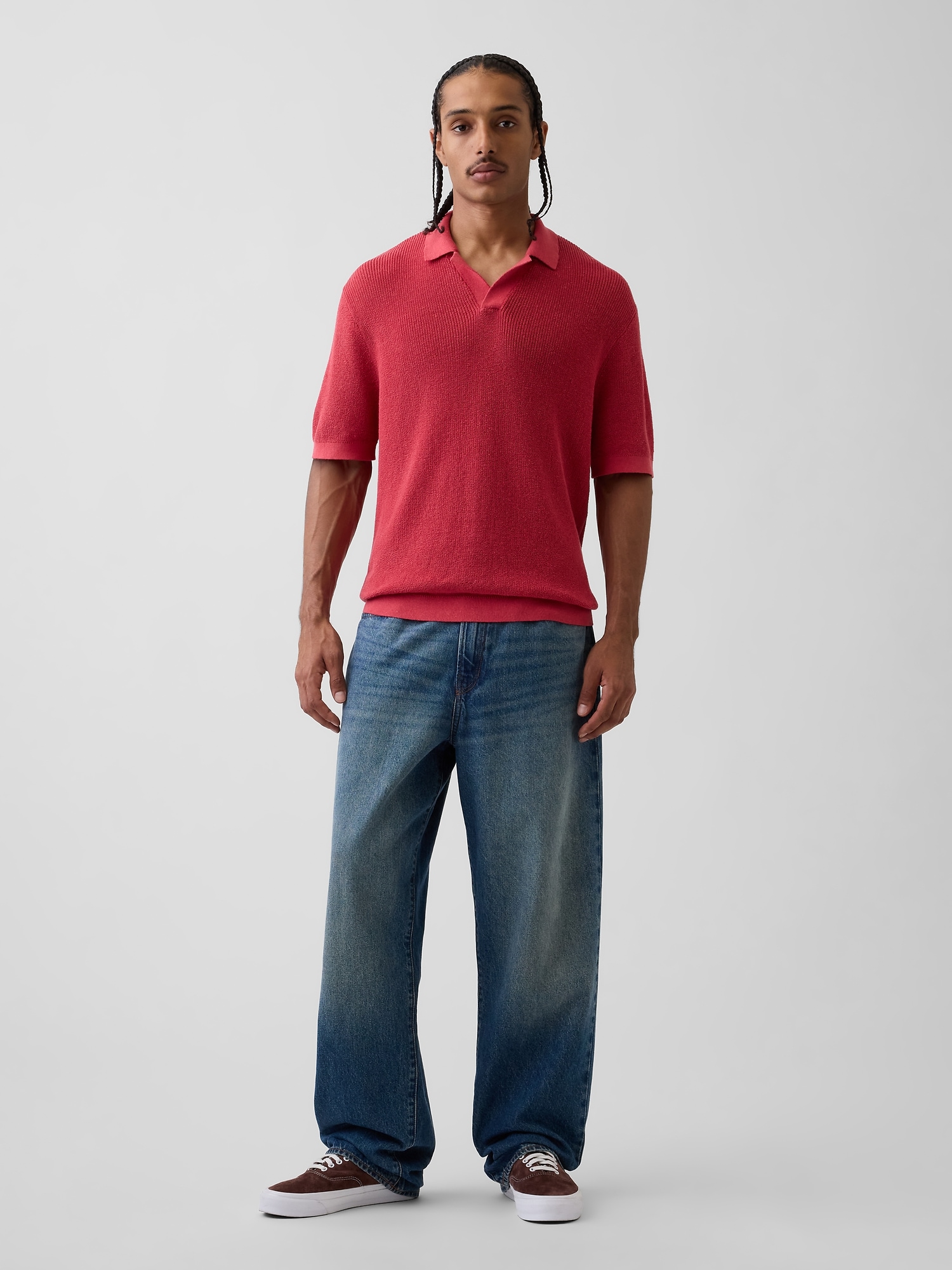 Linen-Blend Camp Polo Shirt Sweater Shirt