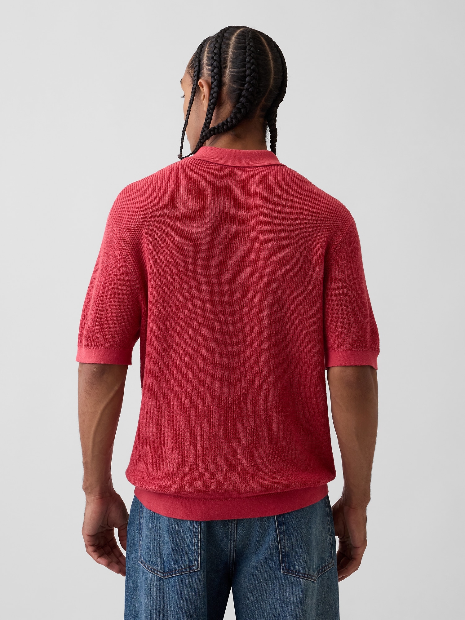 Linen-Blend Camp Polo Shirt Sweater Shirt