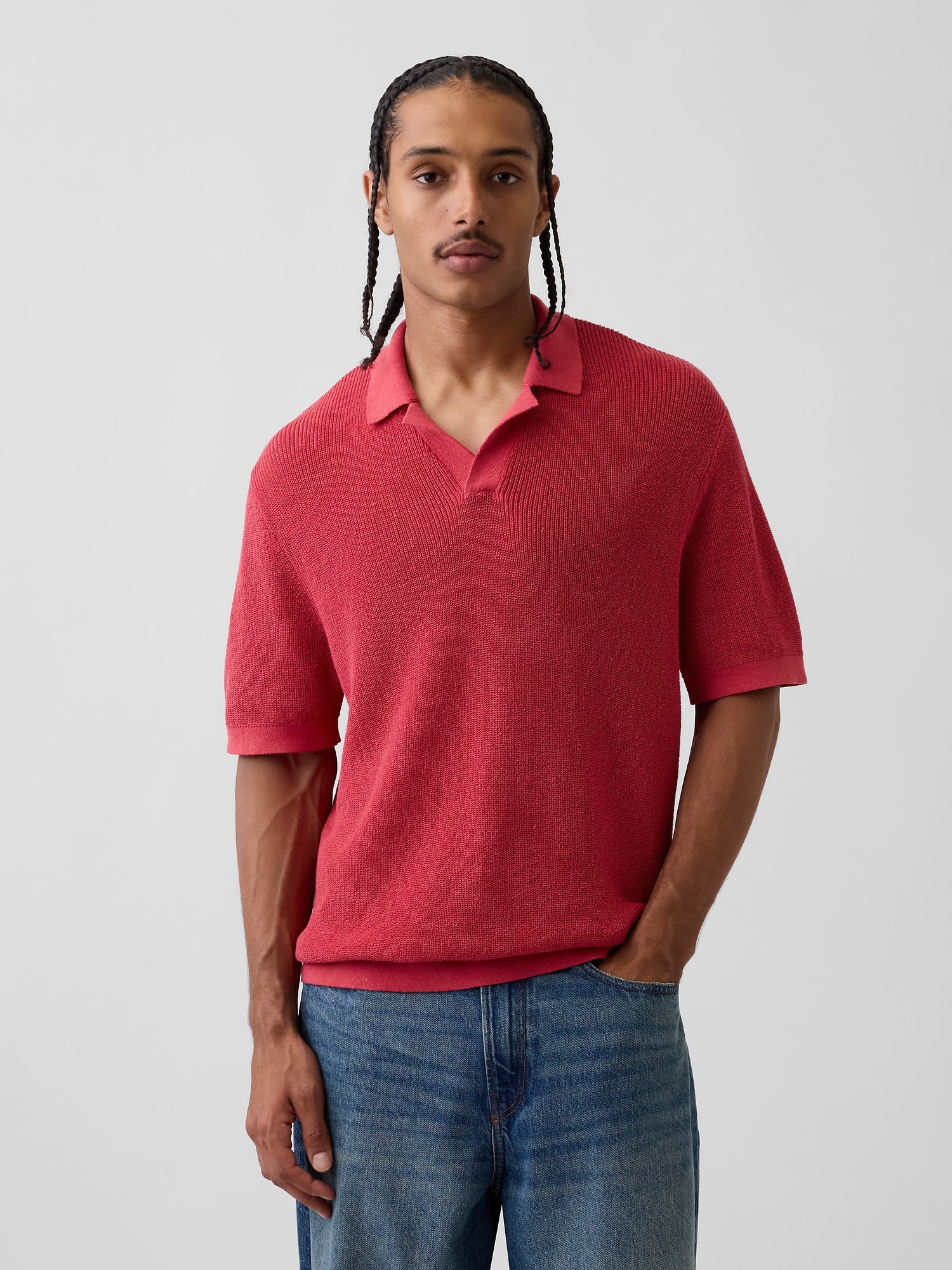 Linen-Blend Camp Polo Shirt Sweater Shirt