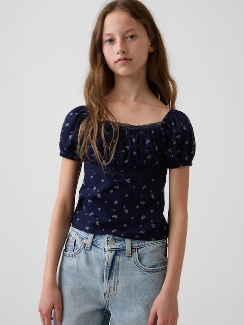 Kids Lace-Trim Puff-Sleeve Top