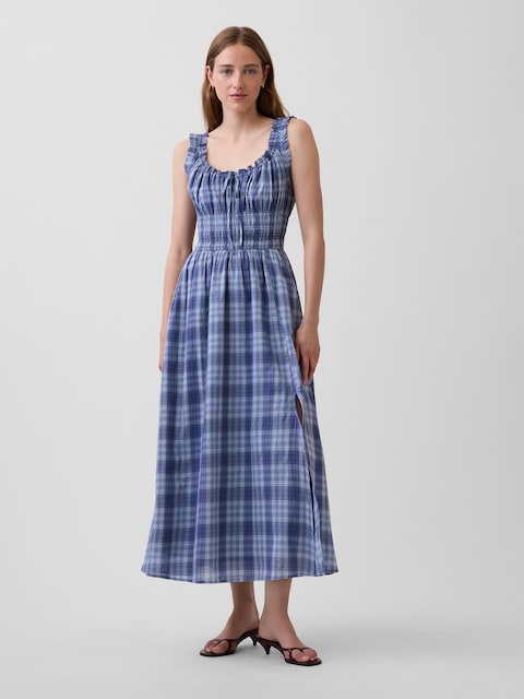 Voile Plaid Smocked-Waist Maxi Dress