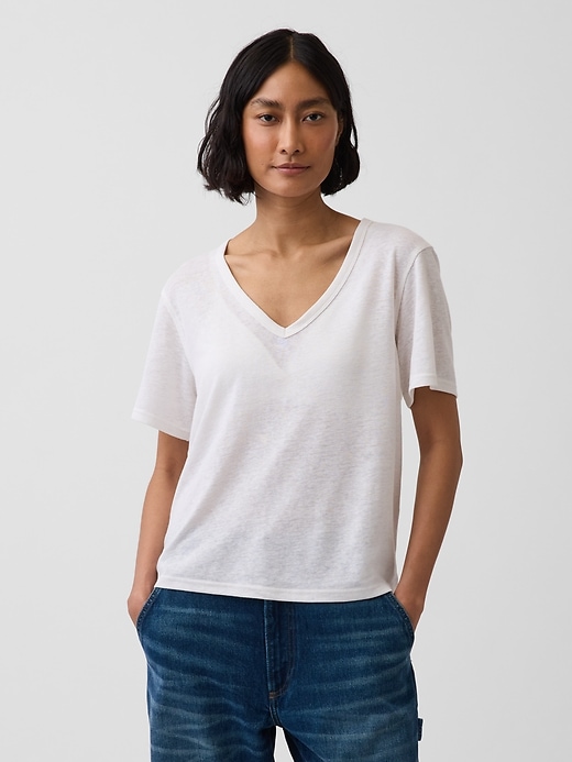 L'image numéro 1 présente T-shirt décontracté à encolure en V en mélange de lin
