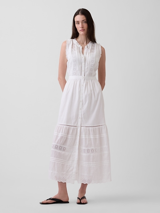 Image number 1 showing, Lace-Trim Tiered Midi Shirtdress