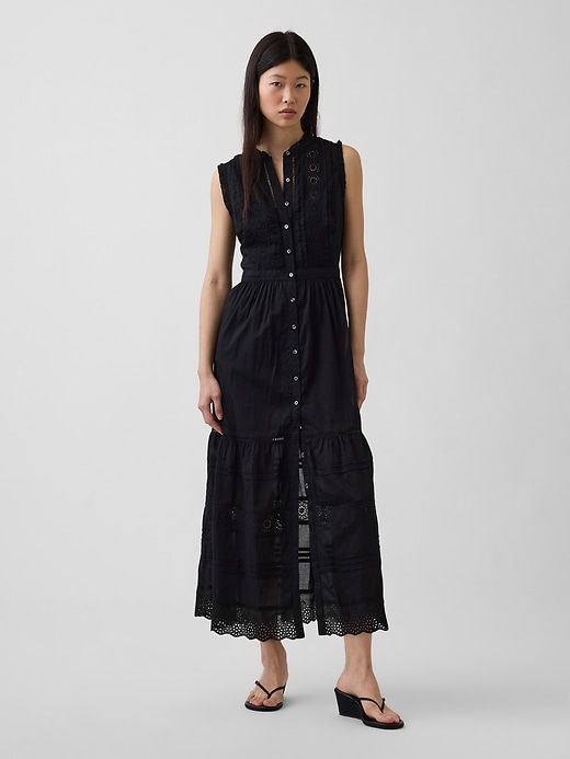 Image number 1 showing, Lace-Trim Tiered Midi Shirtdress