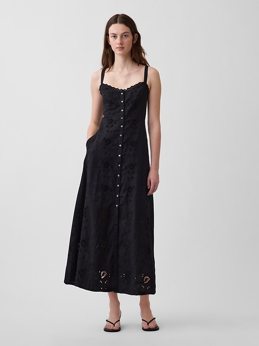 Image number 1 showing, Linen-Blend Embroidered Button-Front Cami Maxi Dress