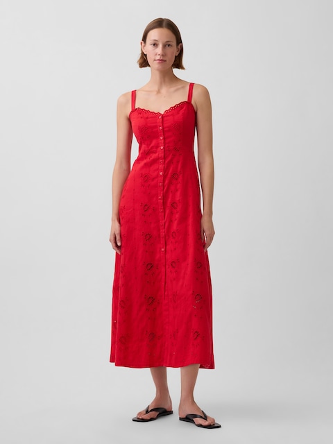 Linen-Blend Embroidered Cami Maxi Dress