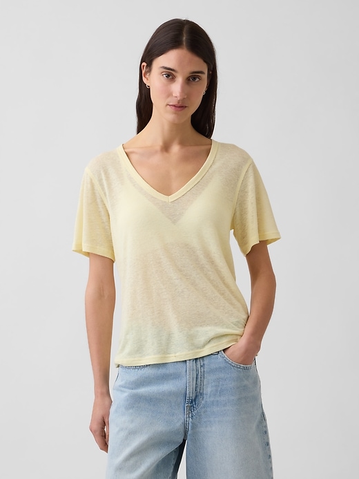 L'image numéro 1 présente T-shirt décontracté à encolure en V en mélange de lin