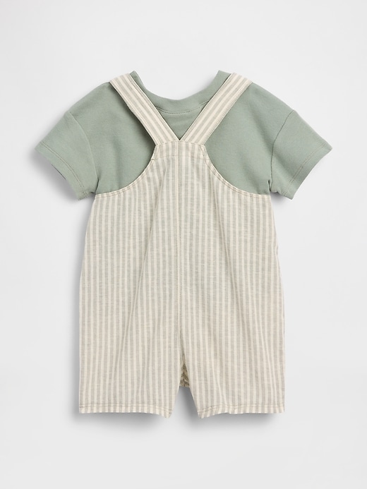 L'image numéro 2 présente Ensemble de salopette courte et t-shirt en mélange de coton et lin pour Bébé