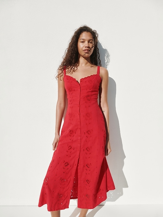 Image number 6 showing, Linen-Blend Embroidered Button-Front Cami Maxi Dress