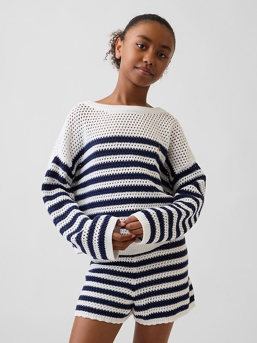 Image number 1 showing, Kids Crochet Oversized Stripe Sweater