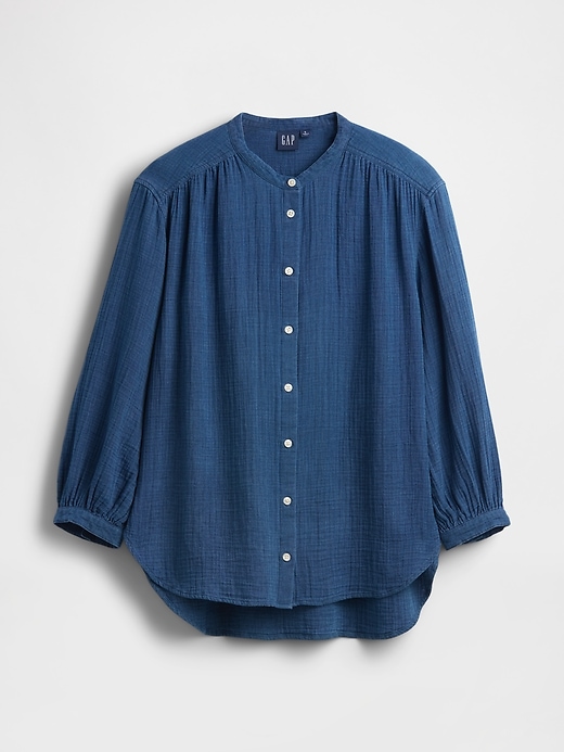 Image number 5 showing, Cotton Gauze Denim Oversized Collarless Shirt