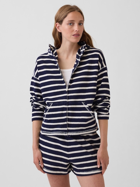 VESTE À CAPUCHON SURDIMENSIONNÉE GLISSIÈRE EN TISSU ÉPONGE À RAYURES