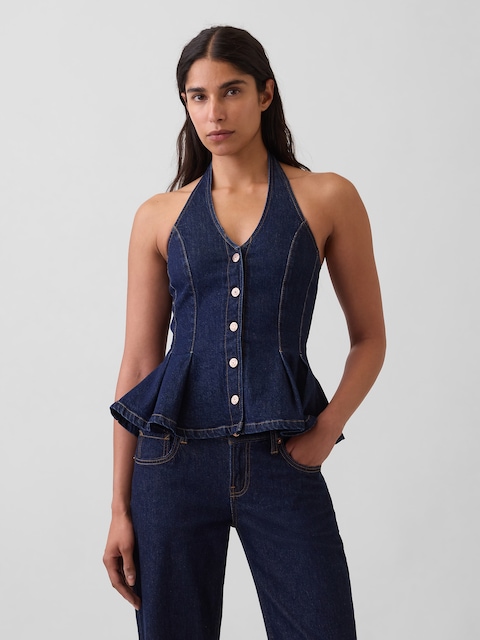 Denim Fitted Halter Peplum Top