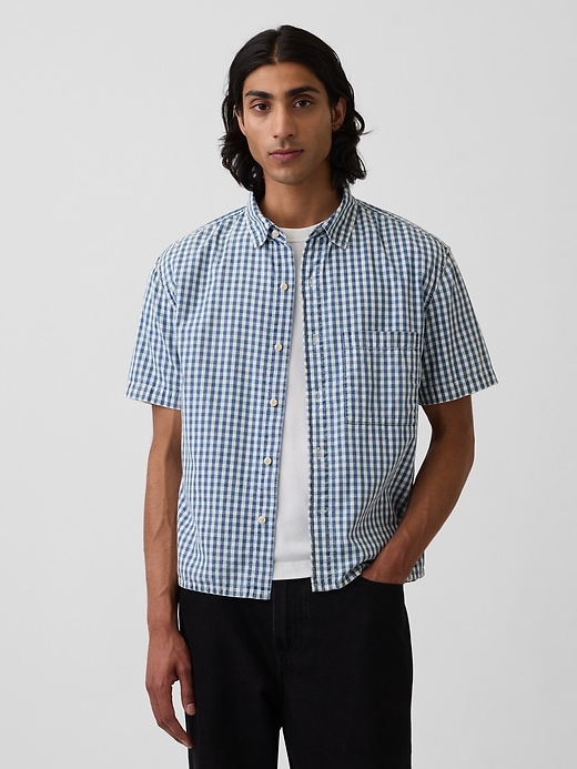 Image number 1 showing, Gingham Denim Relaxed Straight-Hem Shirt