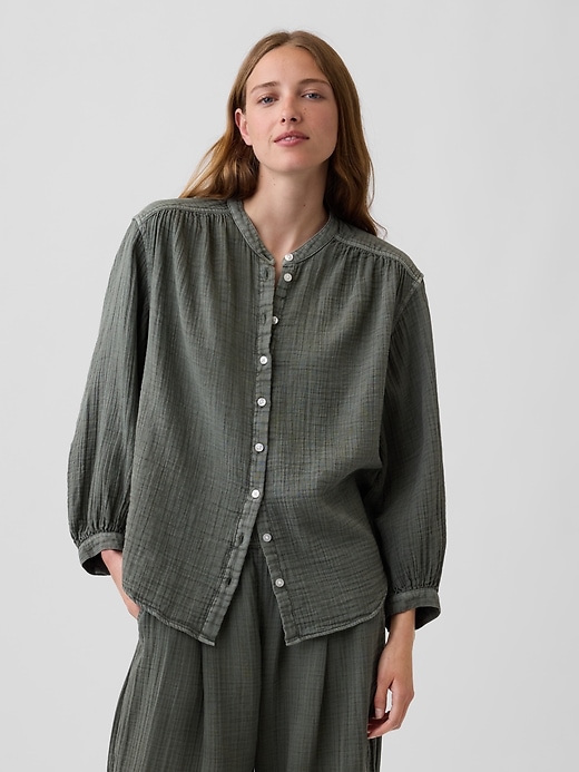 Cotton Gauze Oversized Collarless Shirt | Gap