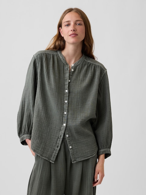Cotton Gauze Oversized Collarless Shirt