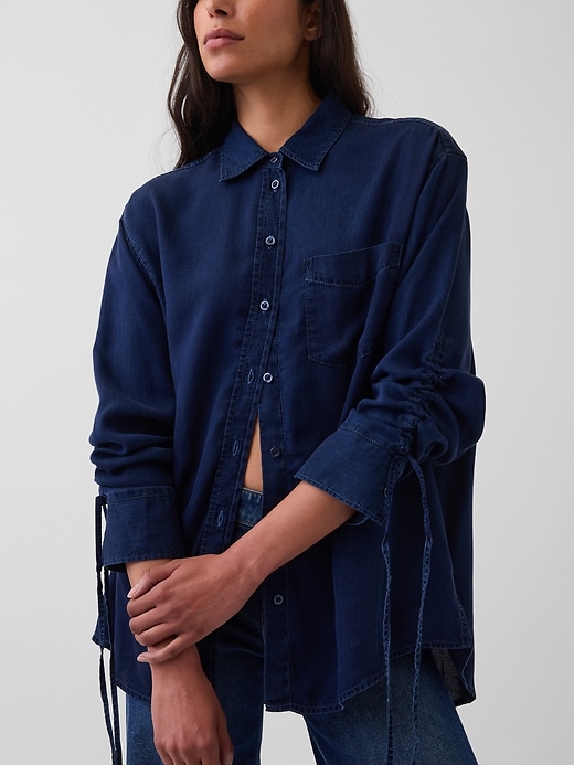 Image number 4 showing, Denim Oversized Ruched-Sleeve Shirt