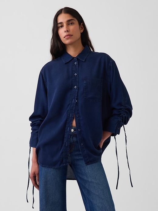 Image number 1 showing, Denim Oversized Ruched-Sleeve Shirt