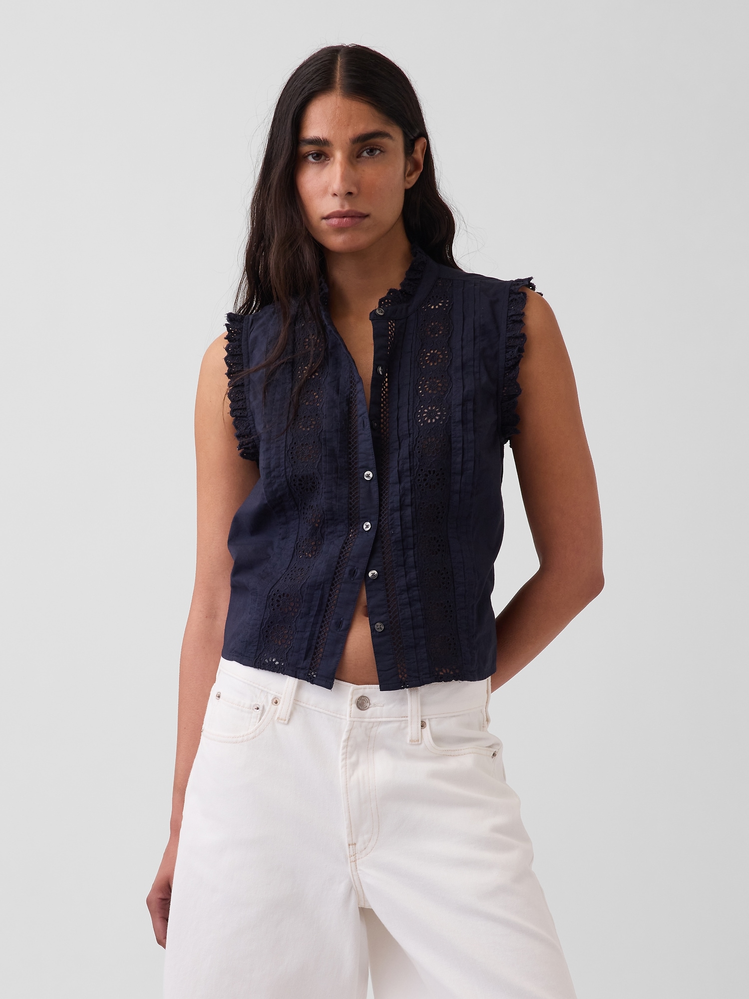 Lace-Trim Pintuck Button-Front Top
