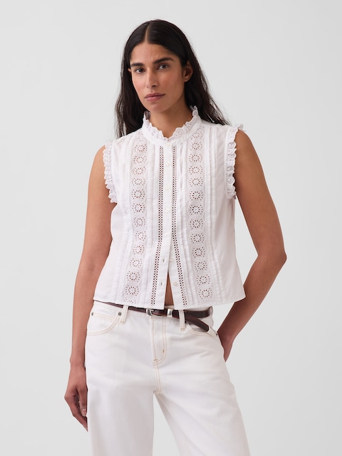 Lace-Trim Pintuck Button-Front Top