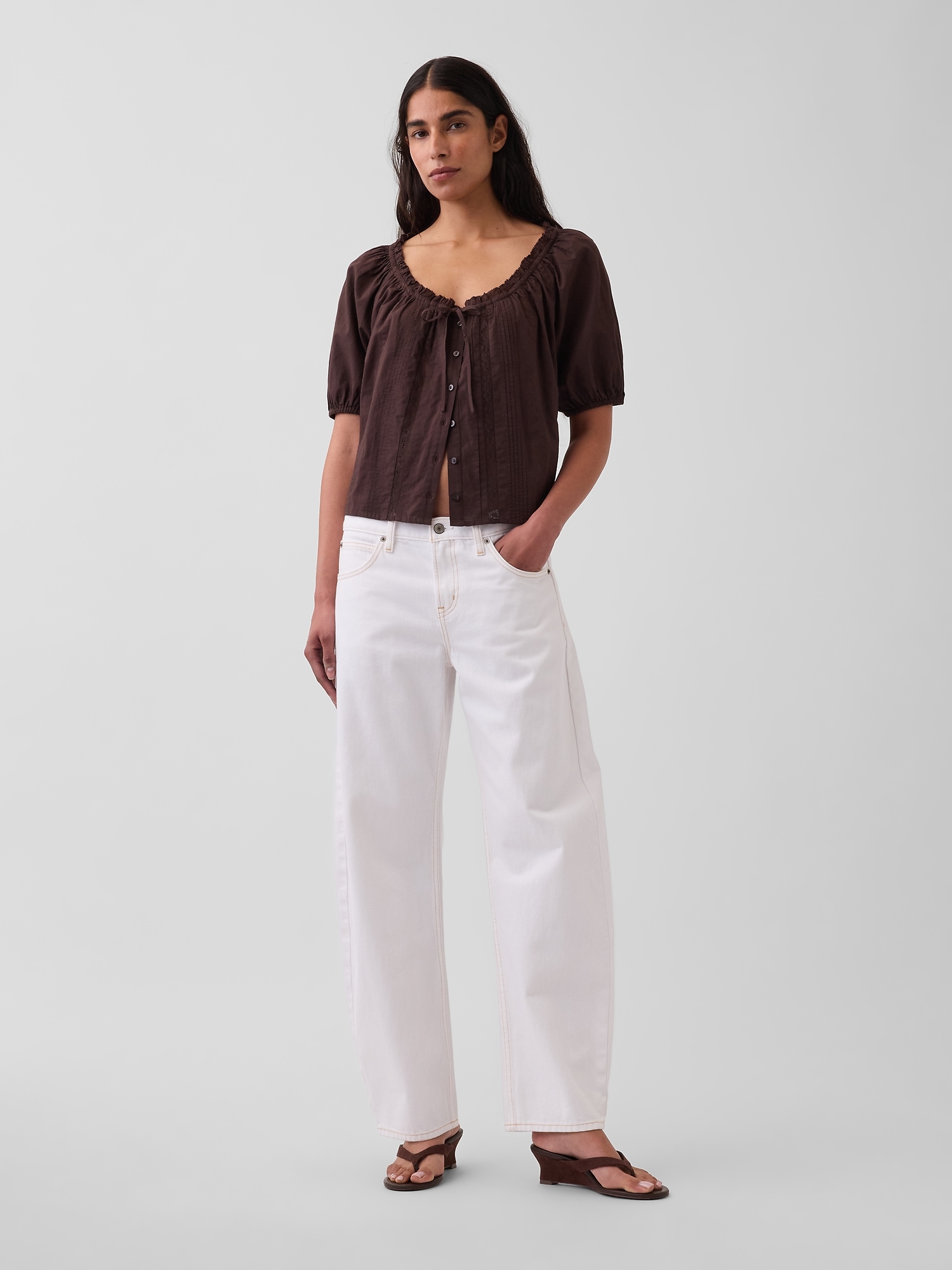 Elbow-Sleeve Crop Pintuck Top
