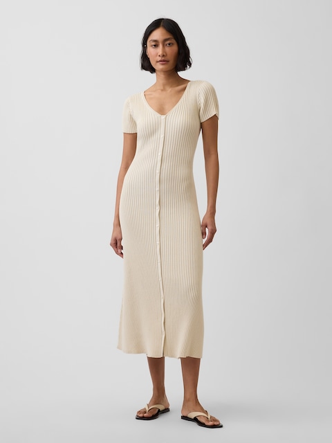Rib Button-Front Maxi Sweater Dress