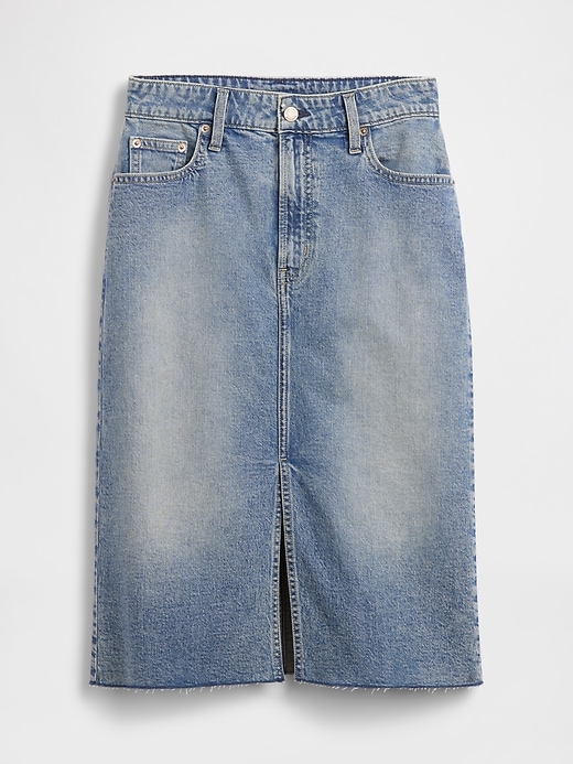 L'image numéro 5 présente Jupe droite mi-longue à taille haute en denim
