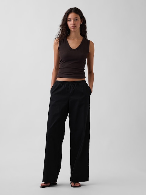 Mid Rise Poplin Relaxed Easy Wide-Leg Pants