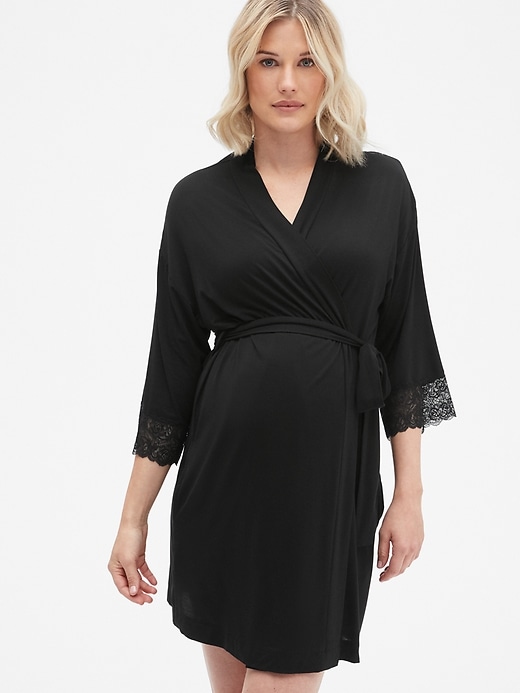 Image number 1 showing, Maternity Softest Modal Lace-Trim Robe