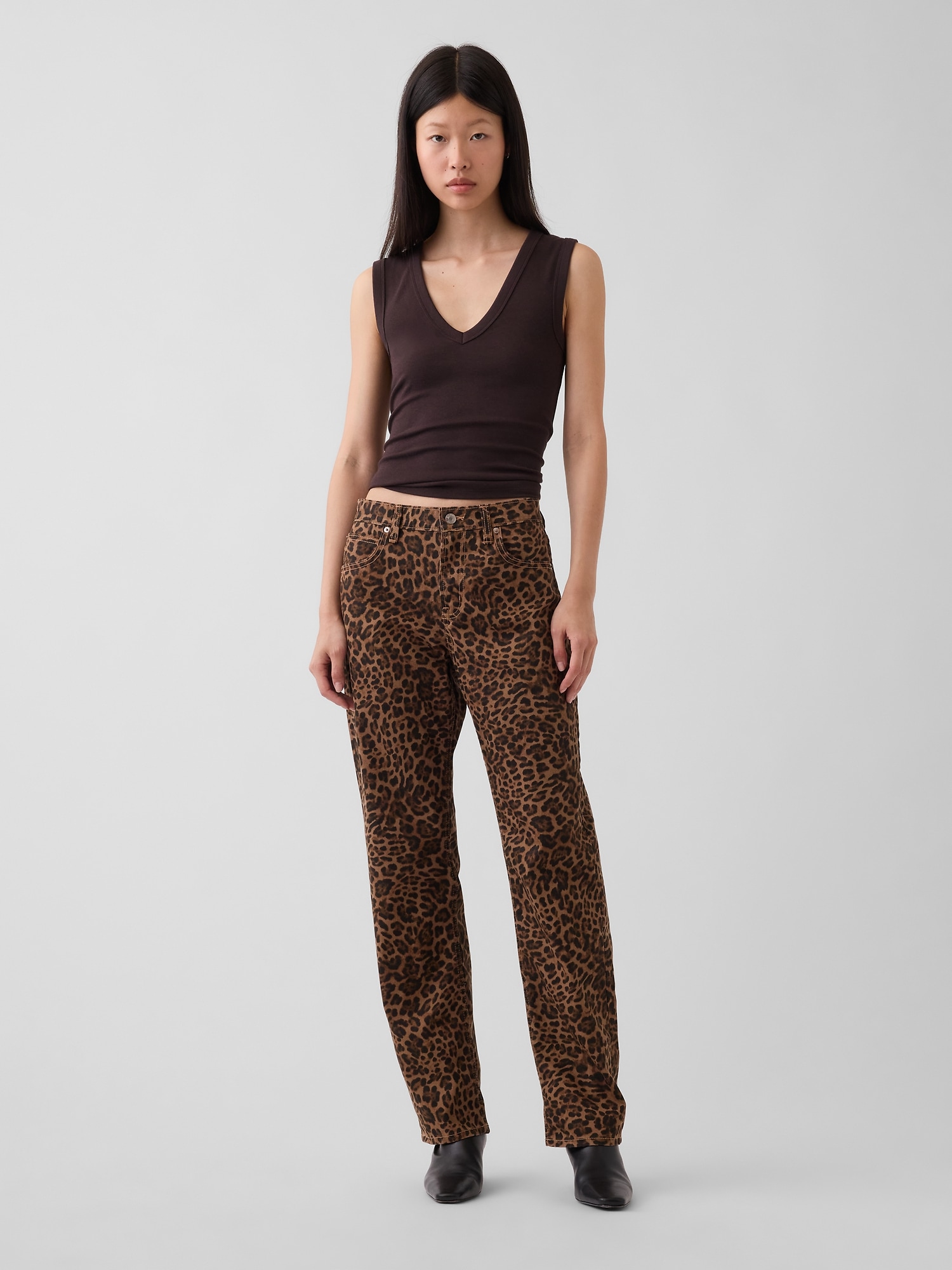 Mid Rise Straight Taper Leopard Jeans