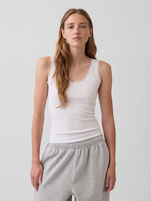 L'image numéro 1 présente Camisole de pyjama finement côtelé à dentelle
