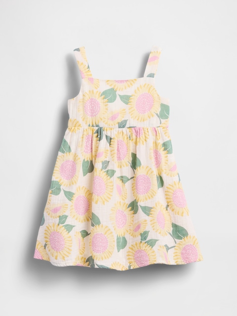 ROBE EN GAZE DE COTON À MOTIF DE TOURNESOLS POUR BÉBÉ ET TOUTE-PETITE