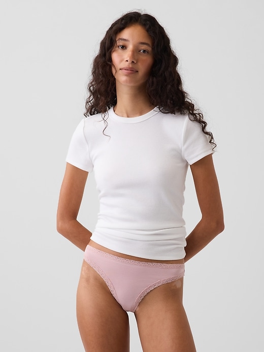 Image number 1 showing, MadeSoft Organic Stretch Cotton Lace-Trim Thong