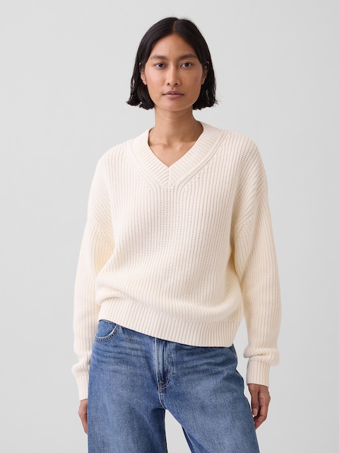 100% Cotton Oversized Shaker V-Neck Sweater