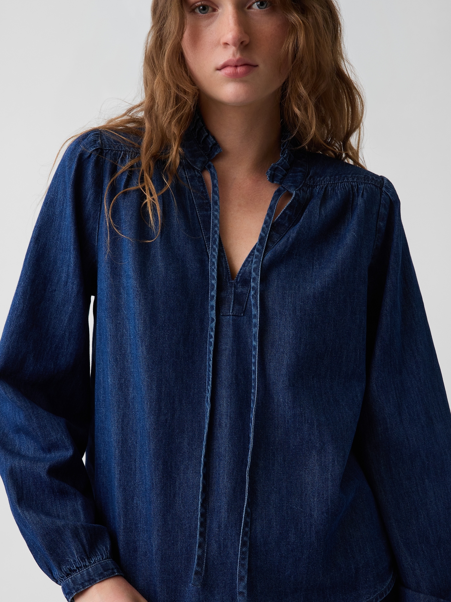 Denim Tie-Neck Popover Shirt