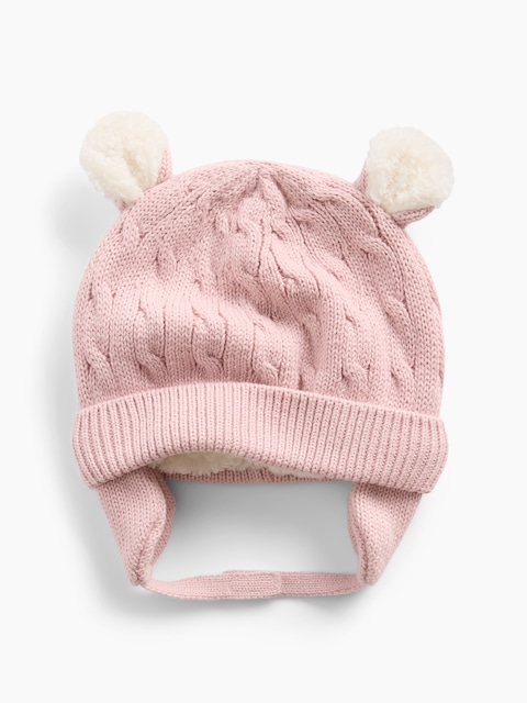 BONNET EN TRICOT TORSADÉ DOUBLÉ EN SHERPA À OREILLES D'OURS POUR BÉBÉ