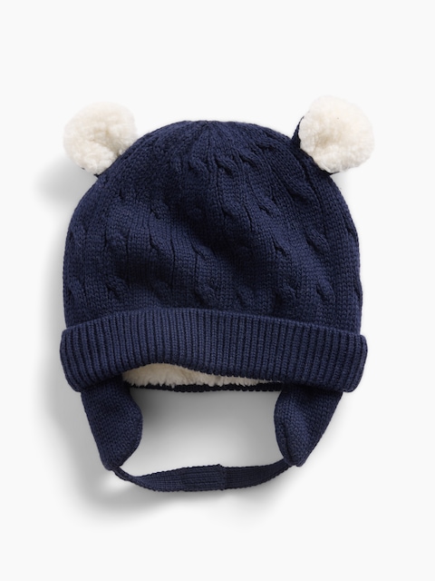 Baby Sherpa-Lined Cable-Knit Bear Beanie