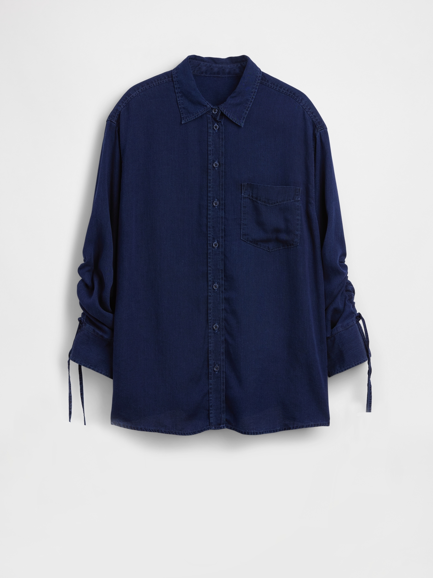 Denim Oversized Ruched-Sleeve Shirt