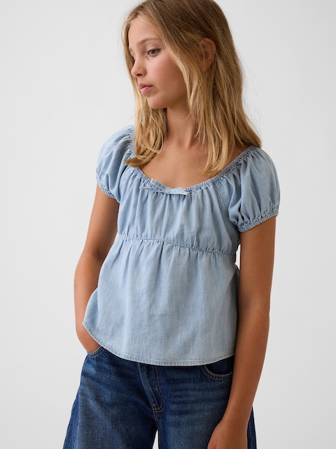 Kids Denim Puff-Sleeve Top