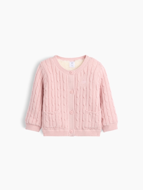 Baby Sherpa-Lined Cable-Knit Cardigan Sweater