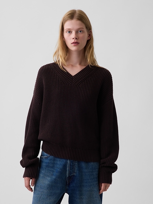 Image number 1 showing, 100% Cotton Oversized Shaker V-Neck Sweater