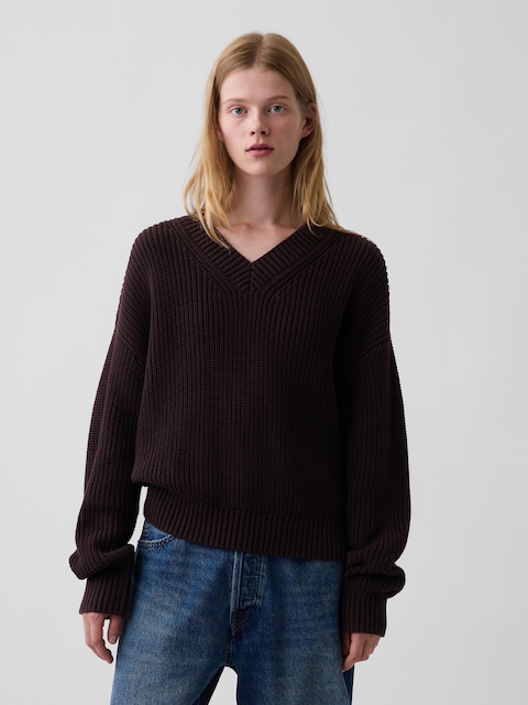 100% Cotton Oversized Shaker V-Neck Sweater