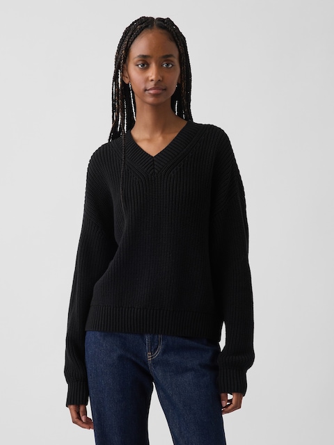 100% Cotton Oversized Shaker V-Neck Sweater