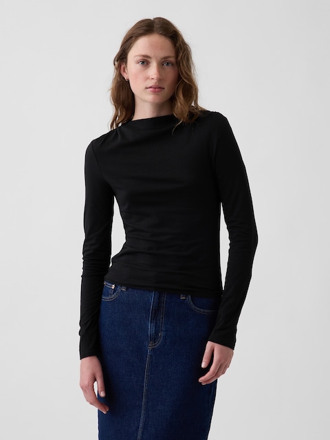 T-SHIRT MOULANT EN JERSEY RUCHÉ À COL ENTONNOIR